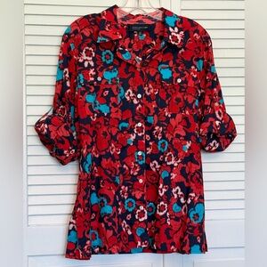 Jones New York Ladies Red and Blue Floral Button Down Shirt  NWT